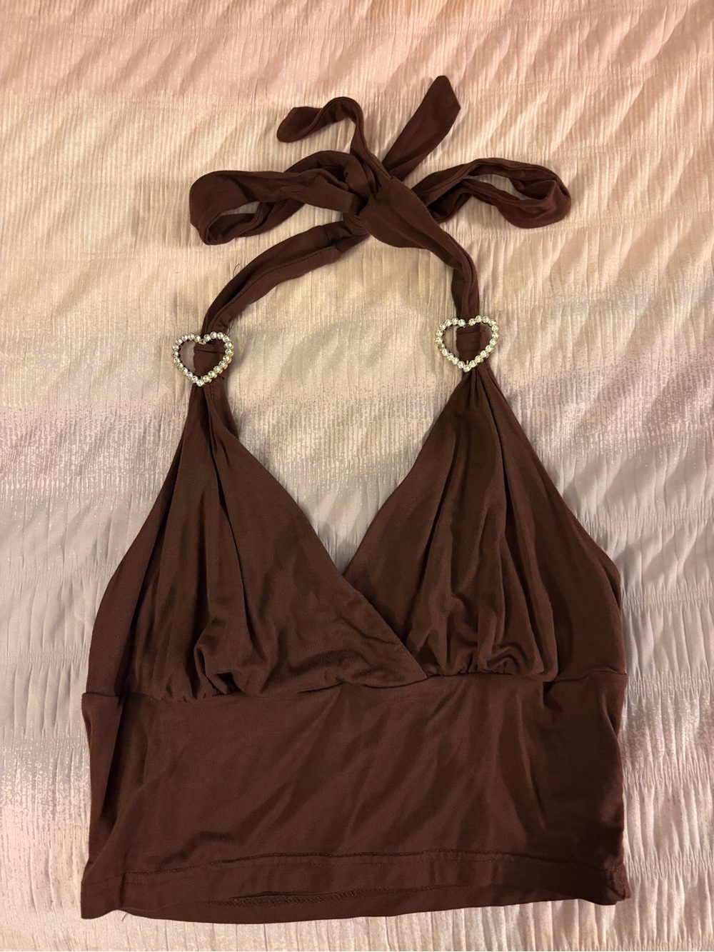 SHEIN Brown Halter Top with Rhinestone Heart Rings